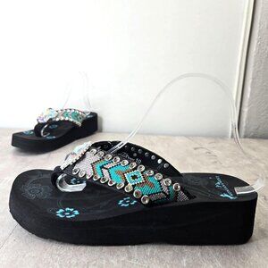 Montana Western Platform Thong Sandals Sz 10 Embellished Aztec Beaded Flip Flops